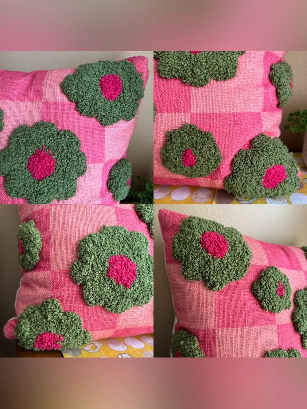 Tuft checkerboard green and pink floral pillow